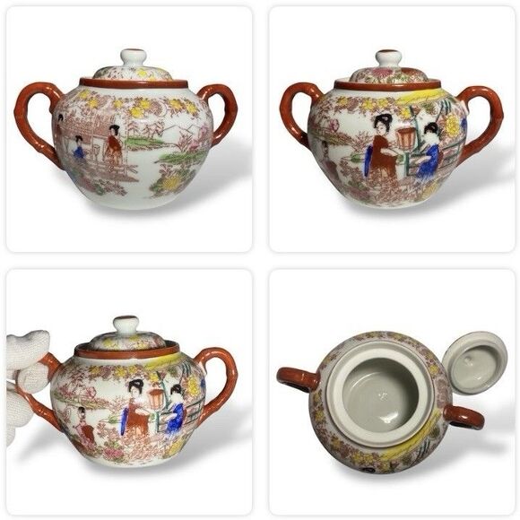 Antique Japanese Kutani Porcelain Tea Set Teapot Sugar Bowl Creamer Floral - Picture 4 of 16